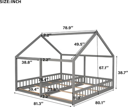 Merax Double Twin Kids House Shaped Low Platform Beds, Wood Floor Bed Frame for Boys, Girls, No Box Spring Needed Easy Assemble