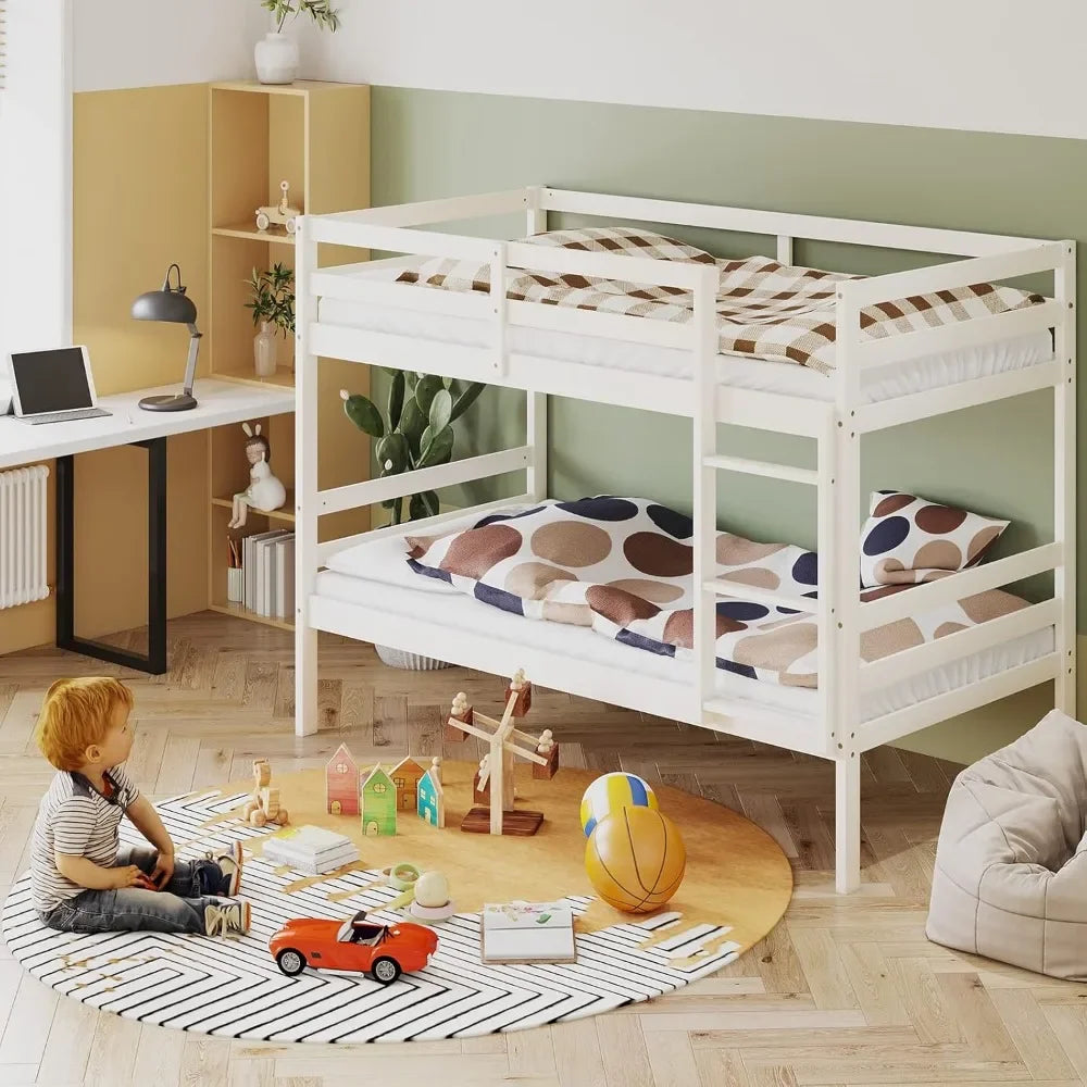 Wood Bunk Bed Twin Over Twin, Bunk Bed with Ladder & Safety Guardrail, Solid Wood Bed Frame, Ideal Multiple-Child Family, Beds