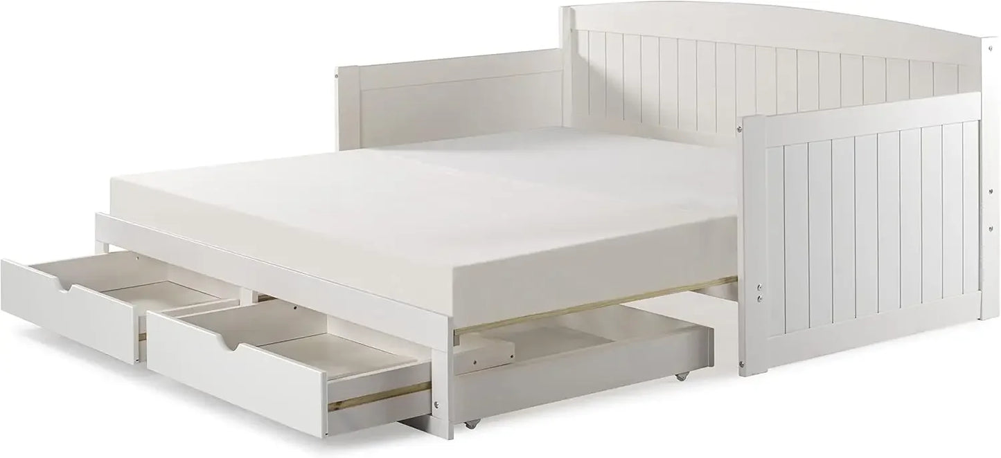 Cama de día de madera, individual, cama nido de pino brasileño blanco para fiestas de pijamas con niños, 2 cajones extraíbles, capacidad de peso de 440 lb