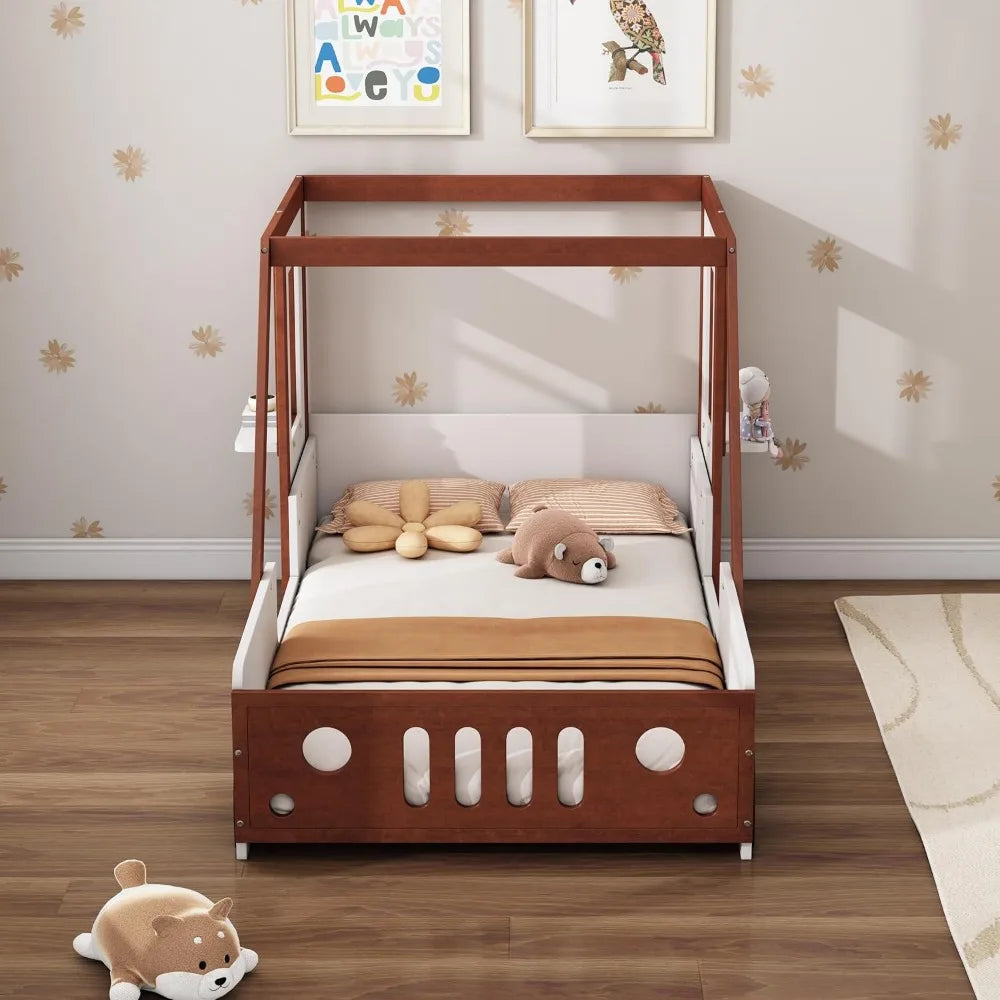 Cadre de lit double pour enfants, lit à plancher en bois, lit à plateforme double avec roues et porte, lit double amusant pour garçons, filles et enfants