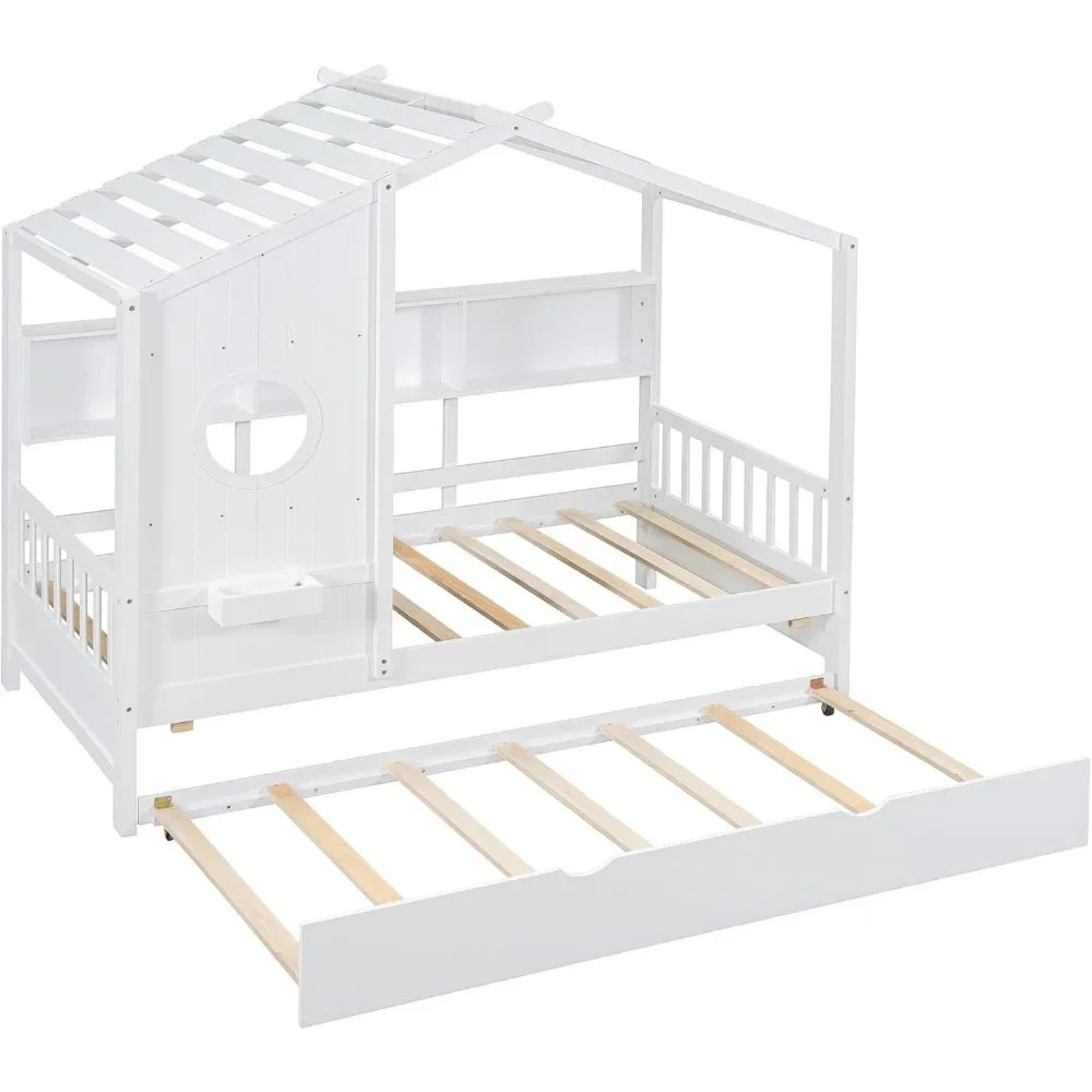 Cama nido de madera de tamaño doble con estructura con estante de almacenamiento para niños, soporte de listones de madera, forma de casa, diseño moderno, cama para niños