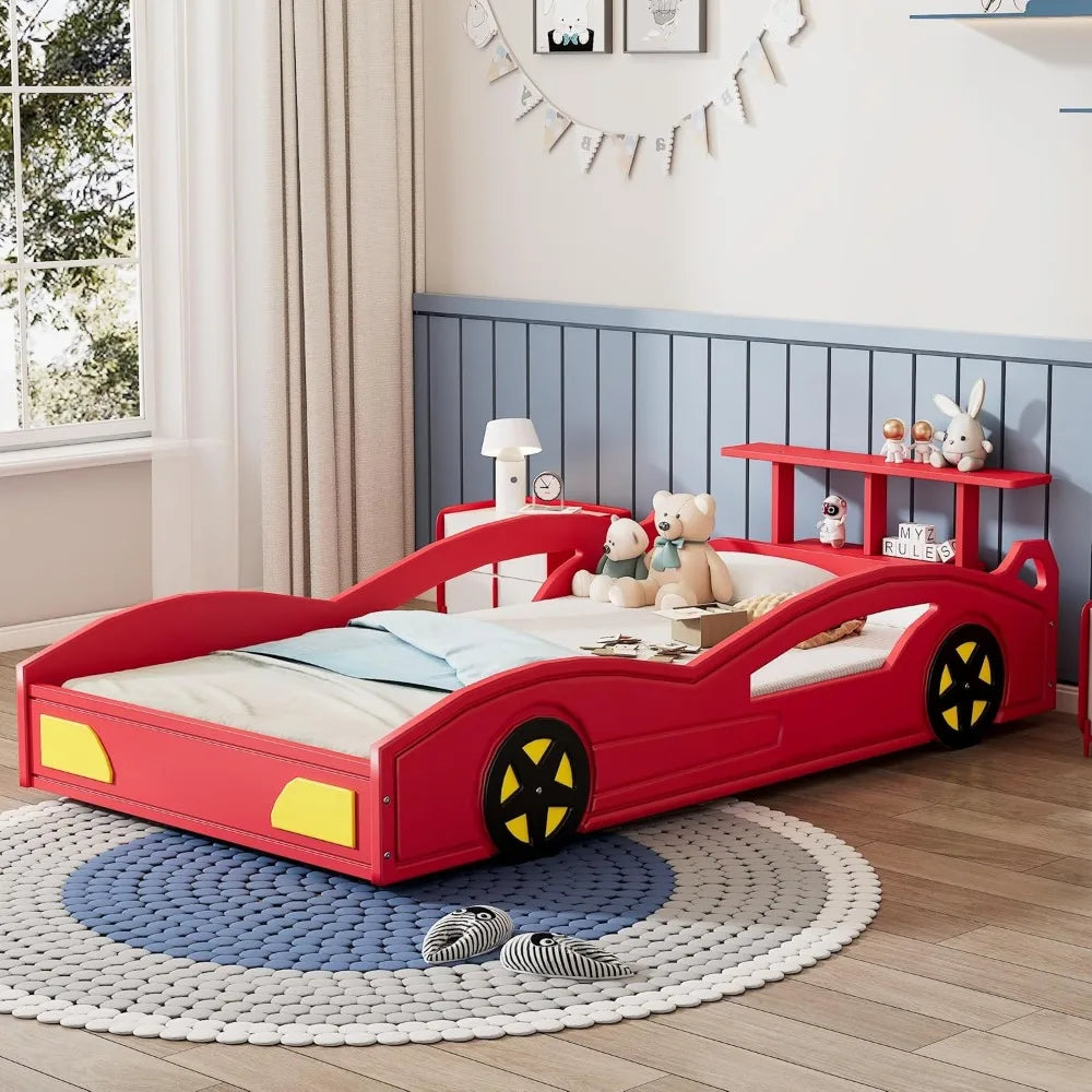 Twin Size Race Car Bed for Kids, Red Wooden Platform Bed with Open Storage Shelves, Safe Guardrails, No Box Spring Required