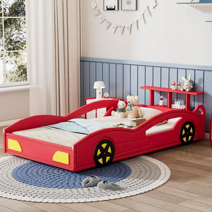 Lit double en forme de voiture de course pour enfants, lit plateforme en bois rouge avec étagères de rangement ouvertes, garde-corps sécurisés, aucun sommier requis