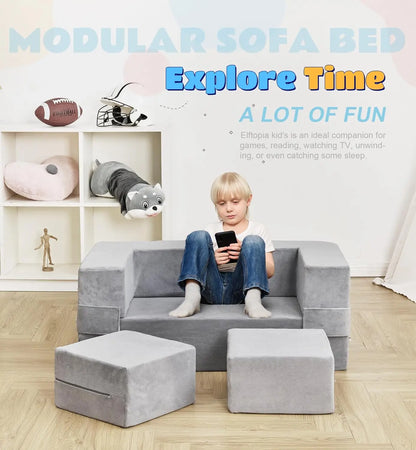 Sofá modular para niños, sillón de espuma para niños pequeños, juego de sofá de felpa convertible para niños, sofá cama plegable (gris)