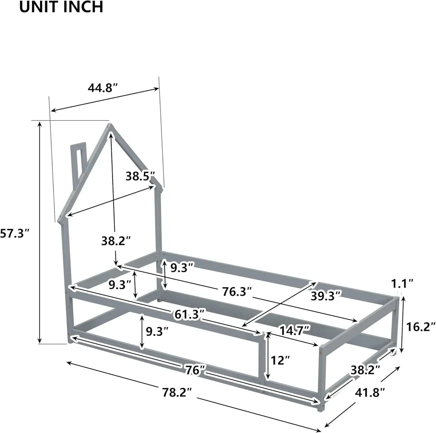 Lit double avec tête de lit en forme de maison et clôtures, lit Montessori en bois pour enfants, cadre de lit double pour filles et garçons (gris)