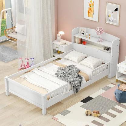 Cama de plataforma de madera de tamaño completo con luz LED incorporada, cabecero de almacenamiento, barandilla, literas blancas para niños, literas para niñas