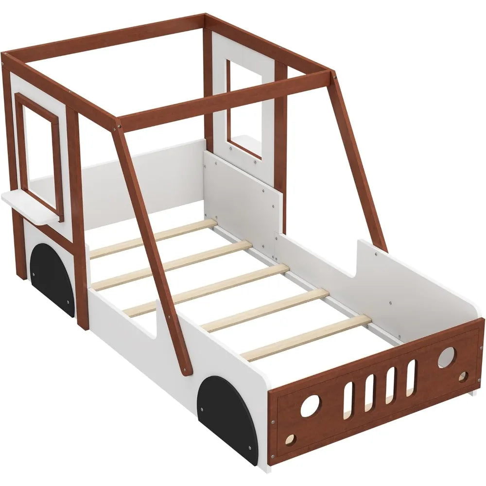 Twin Size Car Bed Frame for Kids,Wood Floor Bed,Twin Platform Bed with Wheels&Door Design,Fun Play Twin Bed for Boys Girls Kids