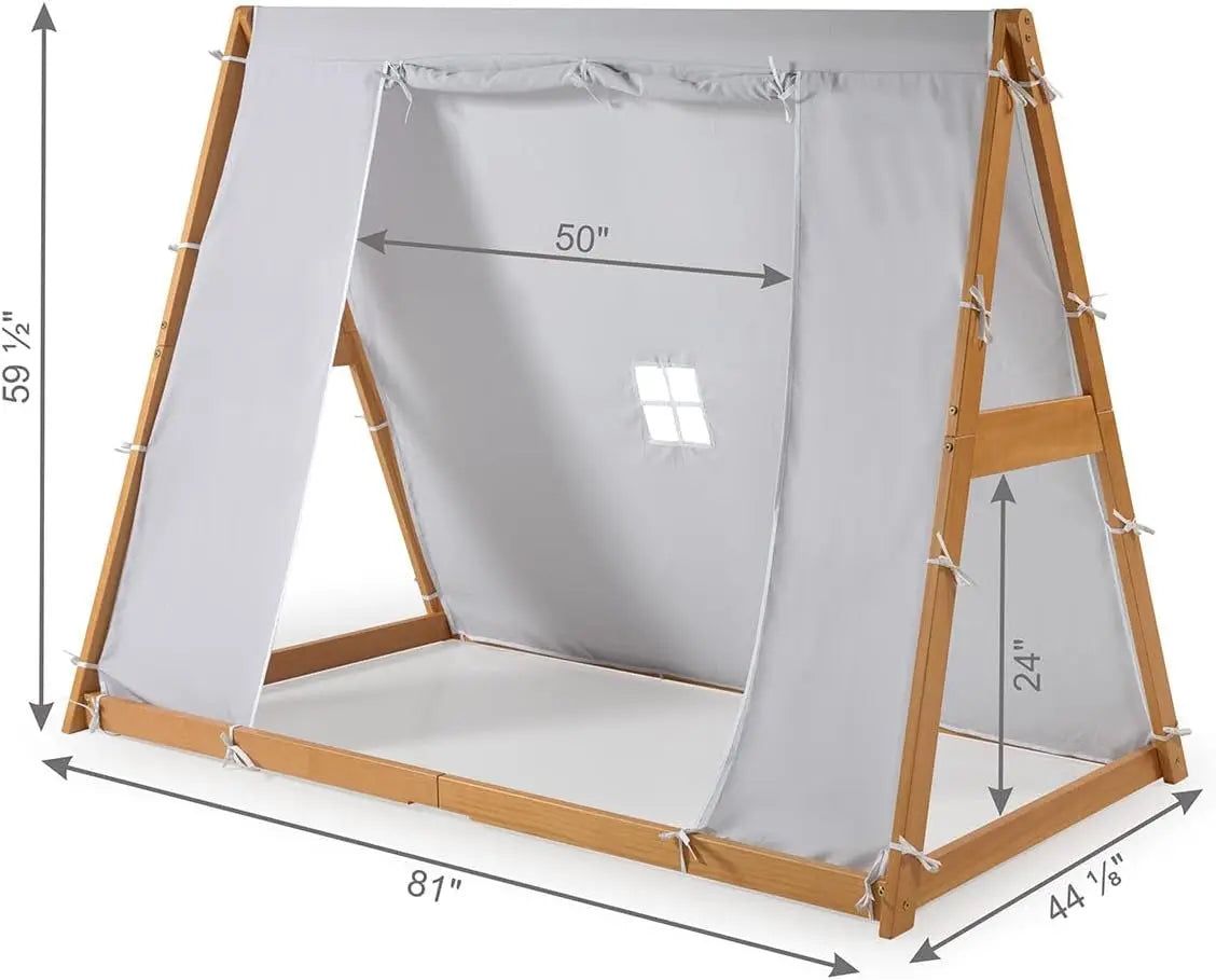 Tent Twin Floor Bed - Natural or White Frame, Grey, Children’s Bedroom Furniture … (Natural Frame)