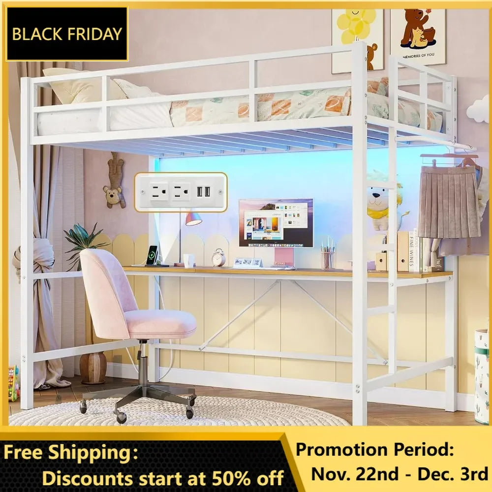 Loft Bed, with Desk and Led Lights Metal Full Loft Bed with Power Outlet Bed Frame with Top Bunk and Safety Guard & Ladder, Bed