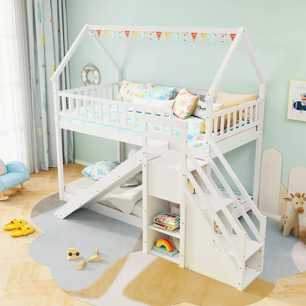 Twin Over with Slide & Stairs, Wood Bunk Bed with Storage Shelves, No Box Spring Needed, Twin Floor Bunk Bed for Kids , White