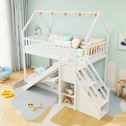 Twin Over with Slide & Stairs, Wood Bunk Bed with Storage Shelves, No Box Spring Needed, Twin Floor Bunk Bed for Kids , White