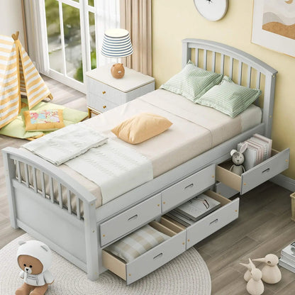 Marco de cama tamaño twin con 6 cajones de almacenamiento, marco de cama de madera con cabecero y pie de cama para dormitorio, cama doble tipo capitán para niños A