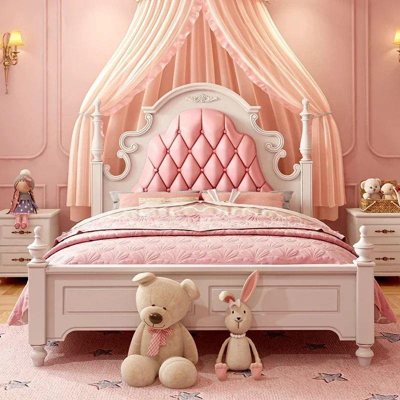 Cama infantil de lujo de princesa bonita de madera americana, bonita cama infantil moderna de color rosa, juego de dormitorio con muebles tipo loft