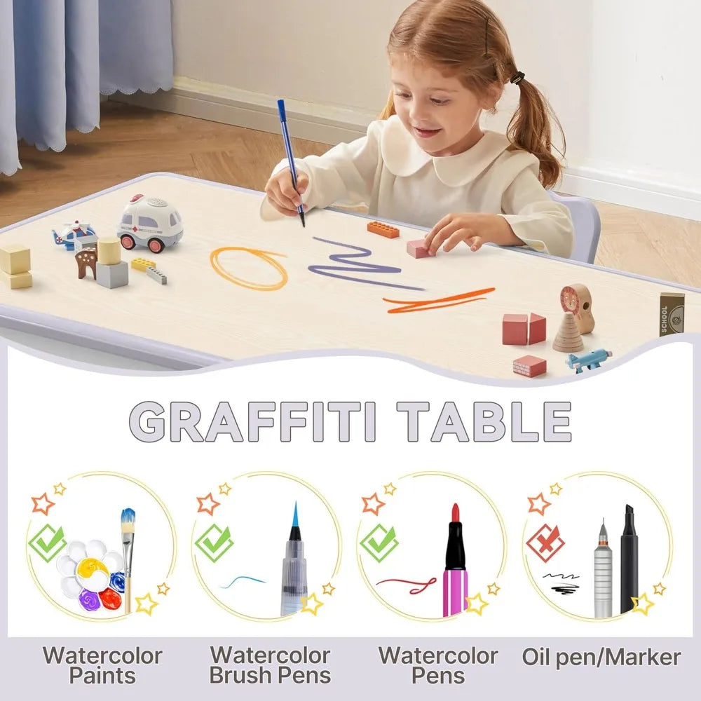 Table and Chairs Set, Height Adjustable Toddler Table and Chair Set for Kids Ages 3-8, 31.5"L x 23.6"W Graffiti Desktop Plastic