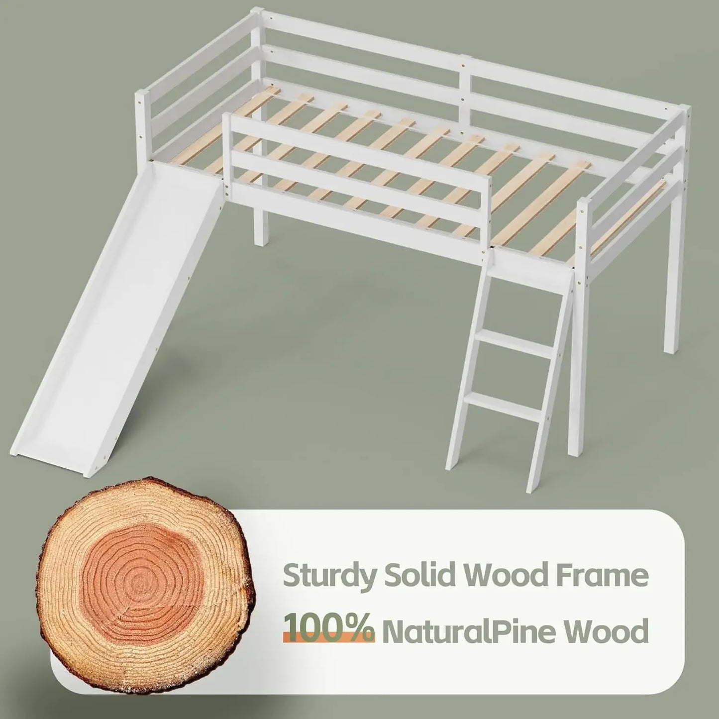 Cama alta con tobogán, estructura de madera para cama alta doble con escalera para trepar y espacio de almacenamiento para niños pequeños (blanco)