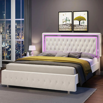 Queen Bed Frame with LED Lights Headboard&Footboard, Velvet Upholstered Queen Size Platform Bed Frame No Box Spring Needed/Black