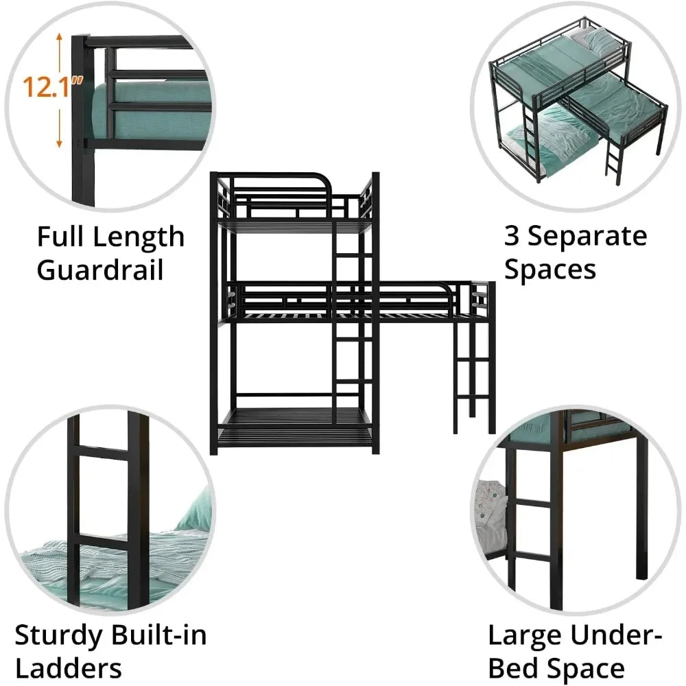 Literas triples, litera de metal en forma de L para 3 niños y adultos con 2 escaleras cortas incorporadas y barandillas de longitud completa