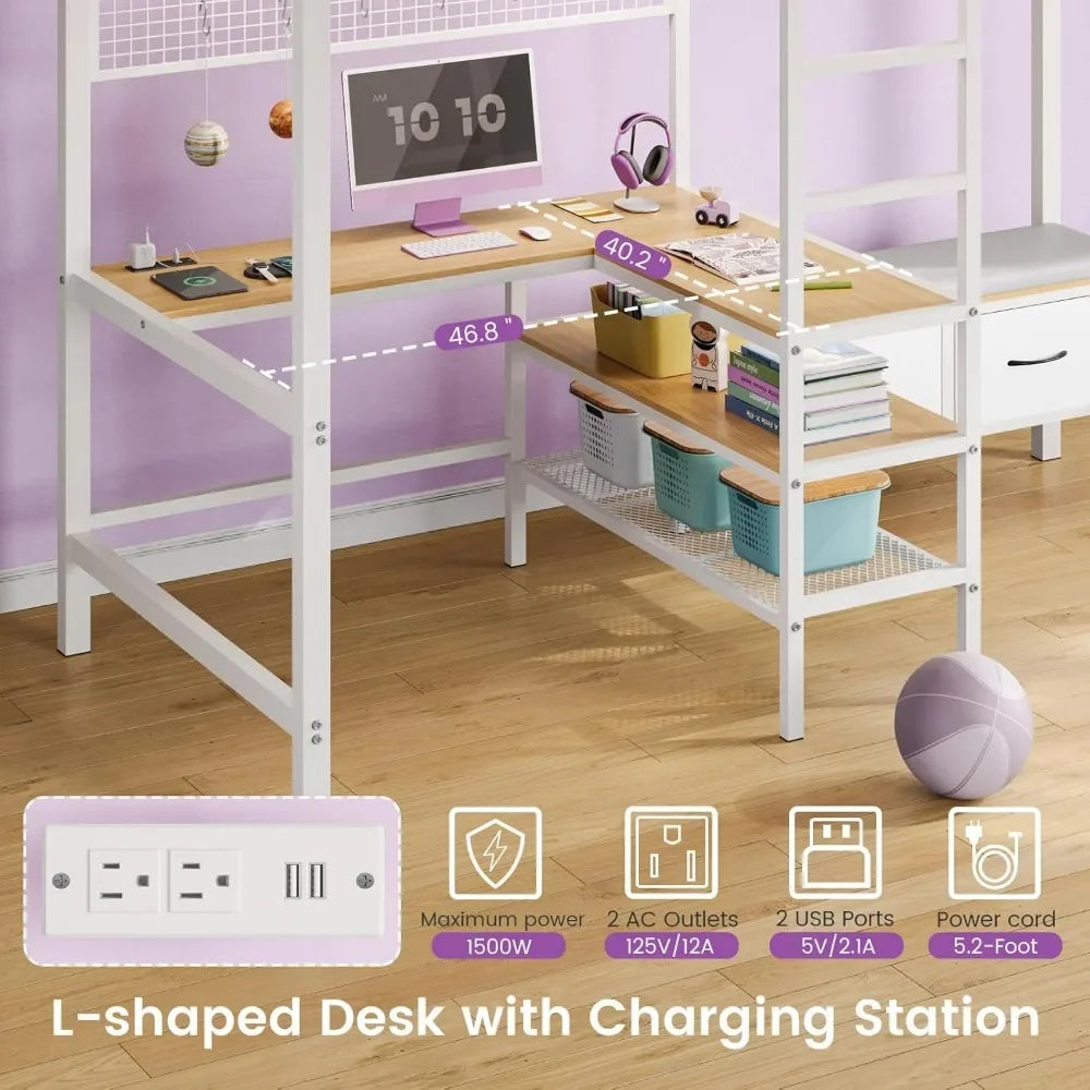 Loft Bed with L-Shaped Desk, LED Lights and Charging Station with Storage Shelves and Coat Rack with 2 Storage Drawers, Kids Bed