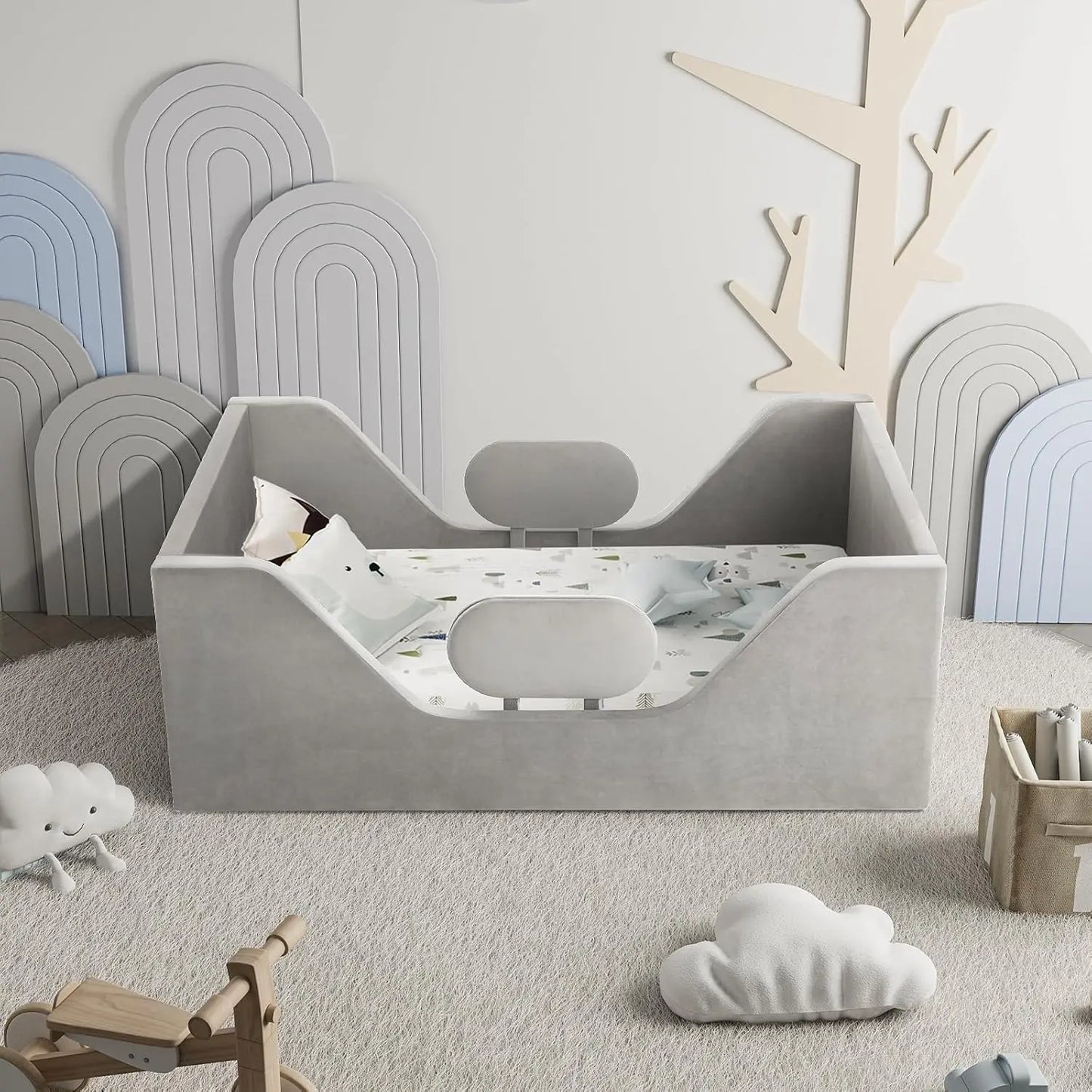 Cama infantil con estructura de suelo y barandillas de seguridad extraíbles, cama infantil para niñas y niños, apta para colchones de cuna de tamaño completo