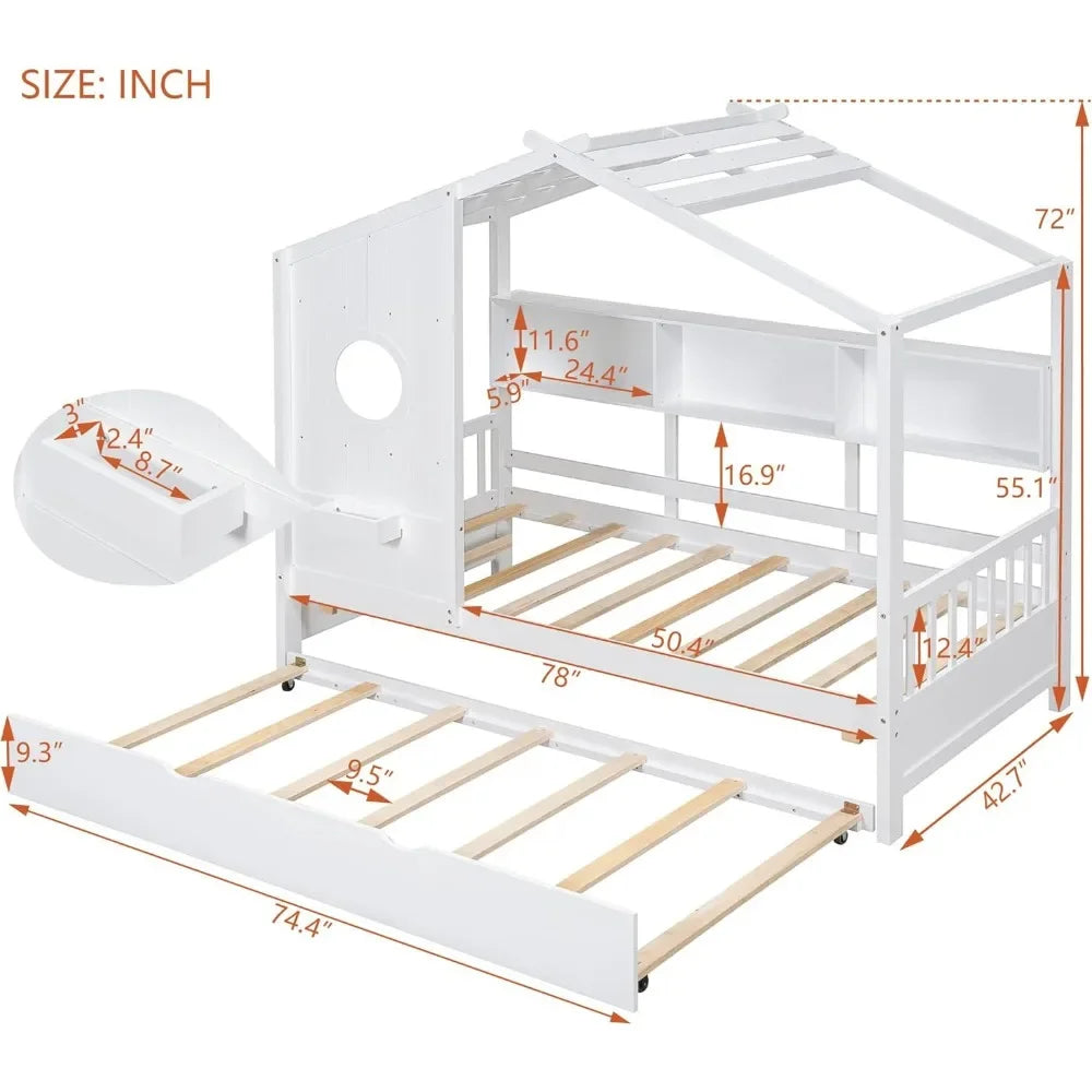 Cama nido de madera de tamaño doble con estructura con estante de almacenamiento para niños, soporte de listones de madera, forma de casa, diseño moderno, cama para niños