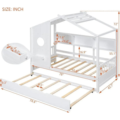 Cama nido de madera de tamaño doble con estructura con estante de almacenamiento para niños, soporte de listones de madera, forma de casa, diseño moderno, cama para niños