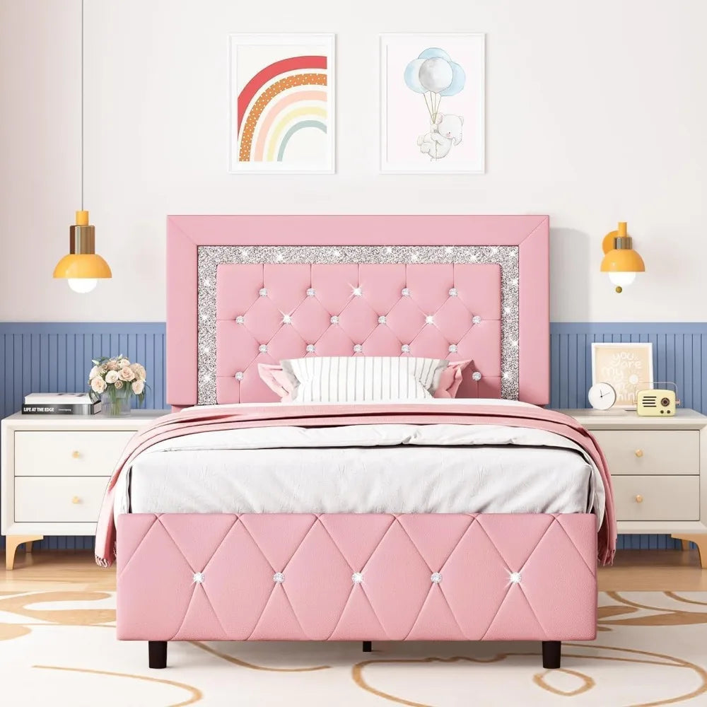 Twin Bed Frame, Pink Upholstered Bed Frame Twin Size with Diamond Tufted Headboard, Girls Twin Bed Frame