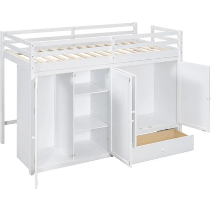 Twin Size Loft Bed with 2 Wardrobes and Mirror, Twin Loft Bed Frame with Storage Drawers, Bedroom, No Box Spring Needed, Beds