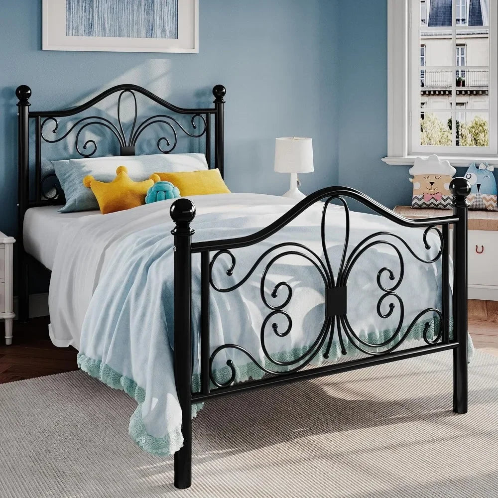 Twin Size Bed Frame for Kids,Metal Bed Frame with Butterfly Pattern Design Headboard and Footboard,No Box Spring Needed