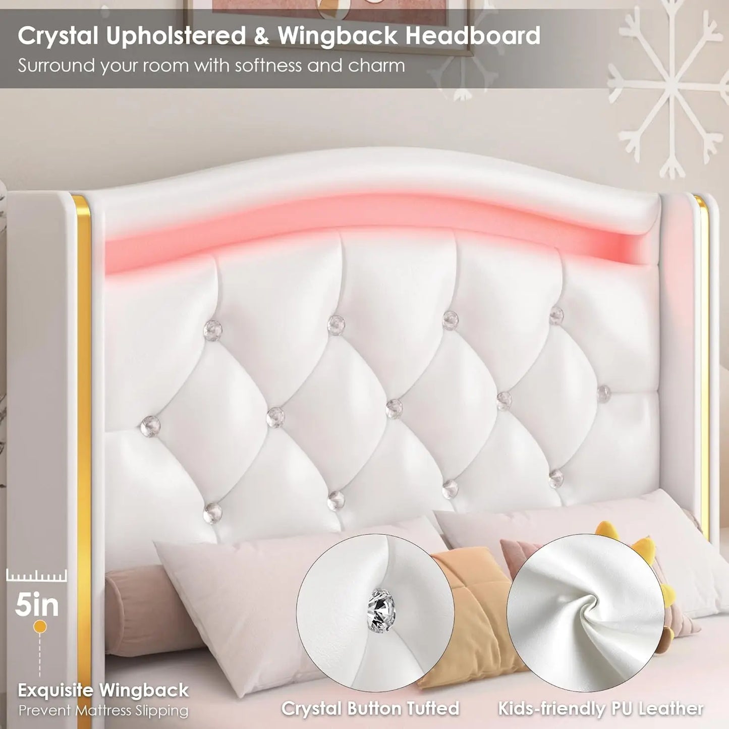 Cadre de lit double rembourré à LED avec tête de lit capitonnée à boutons en cristal et 4 tiroirs de rangement, plateau de lit double princesse moderne en PU