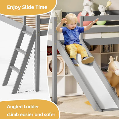 Wood Twin Loft Bed Frame with Climbing Ladder & Storage Space for Kids Toddler (Grey)