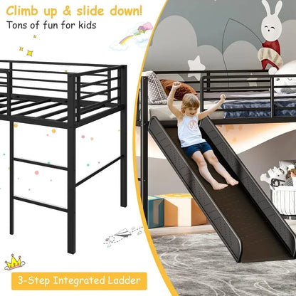 Twin Loft Bed with Slide, Metal Low Bunk Bed W/Safety Guardrails & Built-in Ladder, Toddler Bed Floor Frame for Boys & Girls