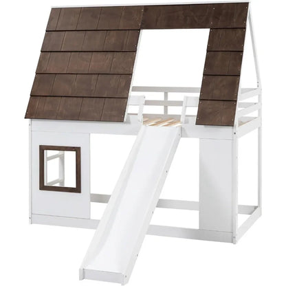 Lit superposé Twin Over Twin House avec toit et fenêtre Lit superposé bas en bois avec toboggan et échelle intégrée Cadre de lit superposé pour enfants