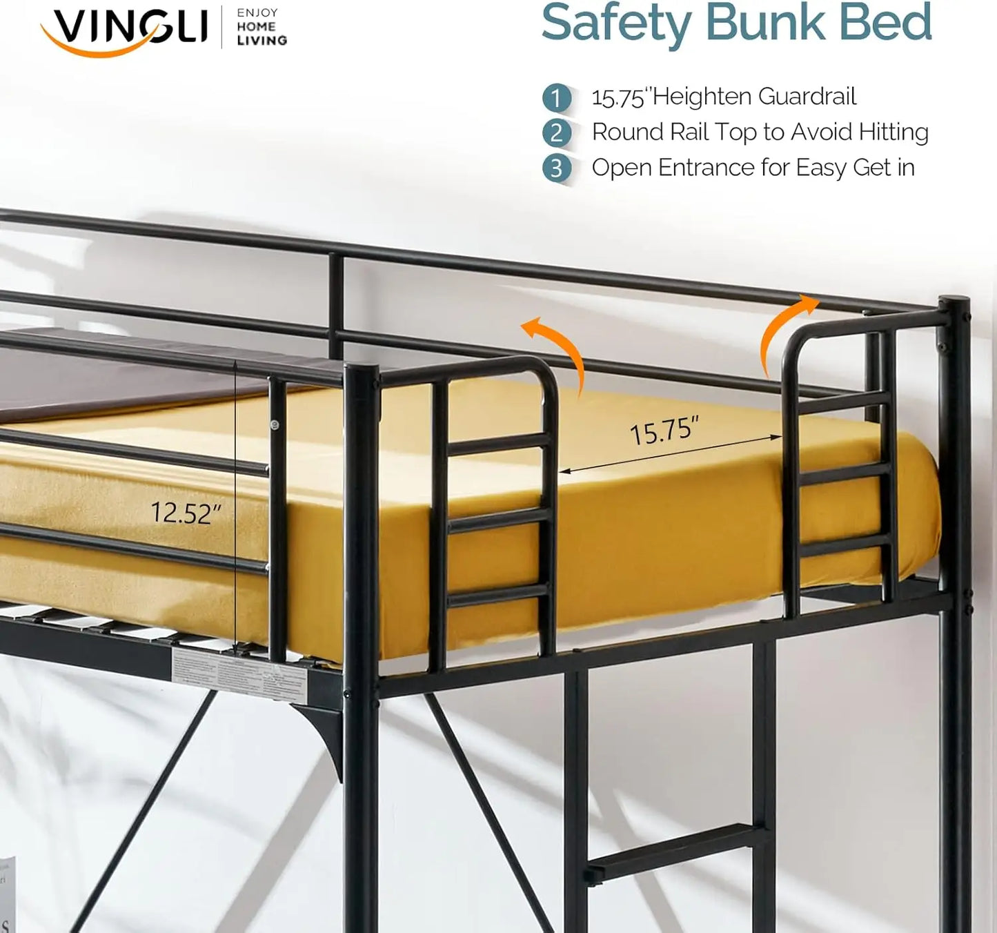 Cama alta individual con escalera de metal Cama alta individual con barandillas de seguridad y peldaño de escalera plano/cubierta de goma para niños y adolescentes