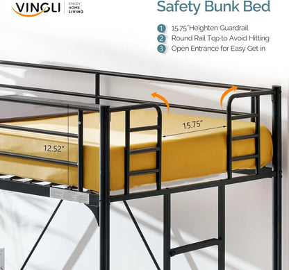 Twin Loft Bed with Stairs Metal Single Loft Bunk Bed with Safety Guard Rails & Flat Ladder Rung/Rubber Cover for Kids Teens