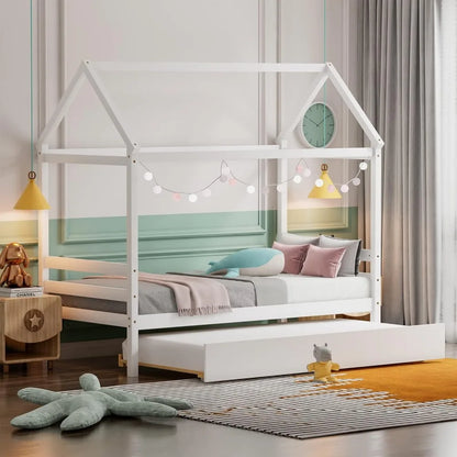 Cama nido para dos personas, estructura de cama tipo casita de madera maciza, sofá cama para niños con techo para niñas y niños, sin somier