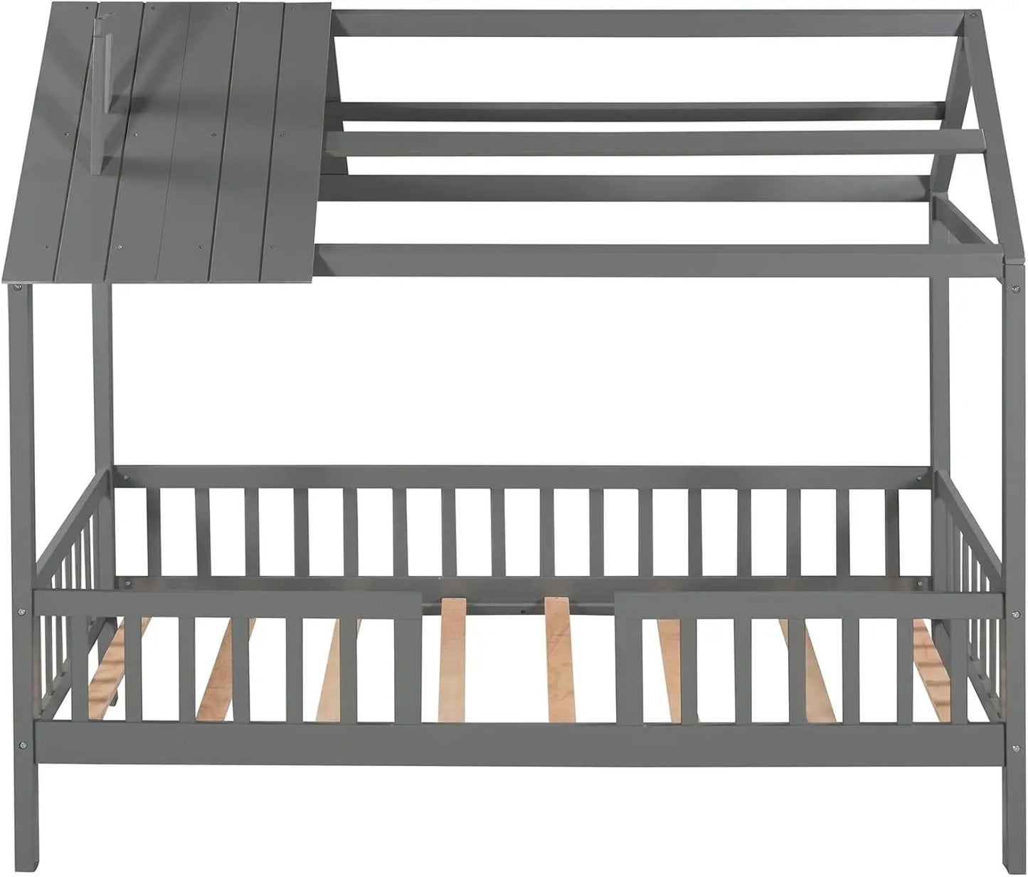 Merax Twin HouseFor Kids,Wood Twin Frame House-Shaped Bed Platform Frame With Roof Windows And Full-Length Safety