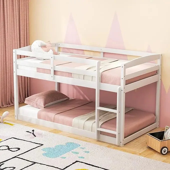 Wood Bunk Bed Twin Over Twin, Bunk Bed with Ladder & Safety Guardrail, Solid Wood Bed Frame, Ideal Multiple-Child Family, Beds