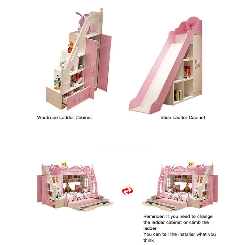 Preciosa litera de princesa para niñas y niños en madera maciza rosa, cama alta y baja, cama multifuncional para madres y adultos