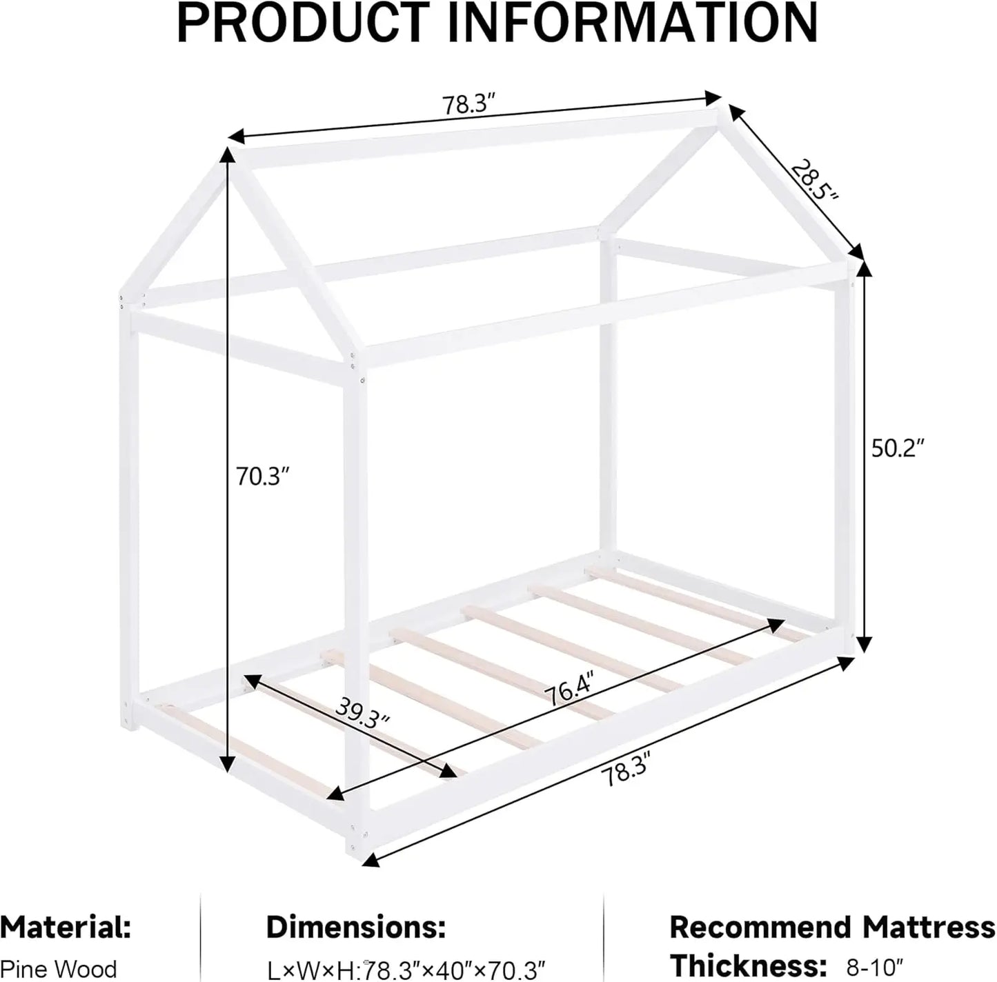 Wood House Bed,Floor Bed with Wood Slats,No Box Spring Needed,Twin Size, White