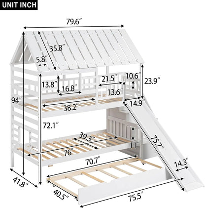 Litera doble con dos camas individuales, tobogán y escalera de almacenamiento, estructura de cama de madera con escalera para dormitorio de niños y adolescentes