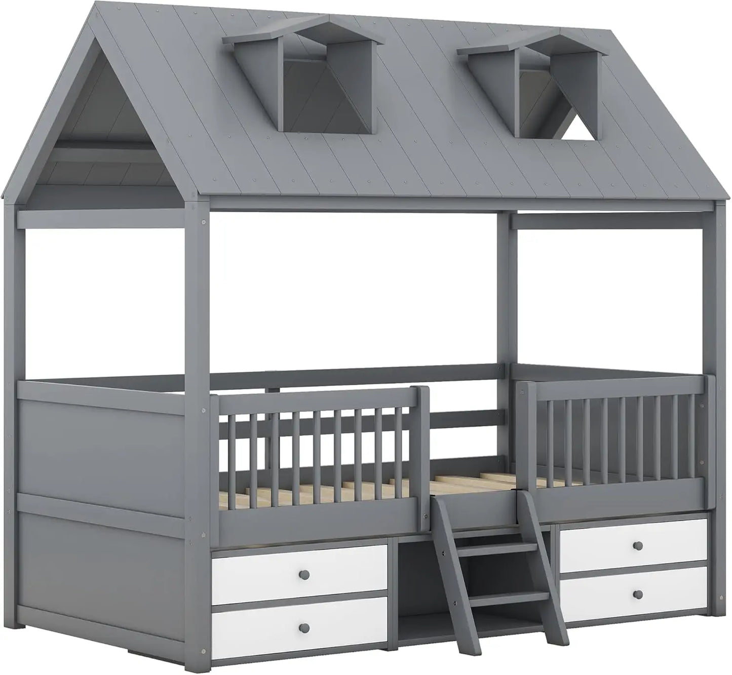 Twin Size Wood House Bed Frame with Full-Length Fence and 4 Storage Drawers, Kids Playhouse Tent Bed with Roof and 2-step