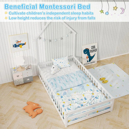 Twin Floor Bed, House-Shaped Montessori Bed Frame with Headboard, Full-Length Guardrail, Chimney & Solid Wood Structure, Without