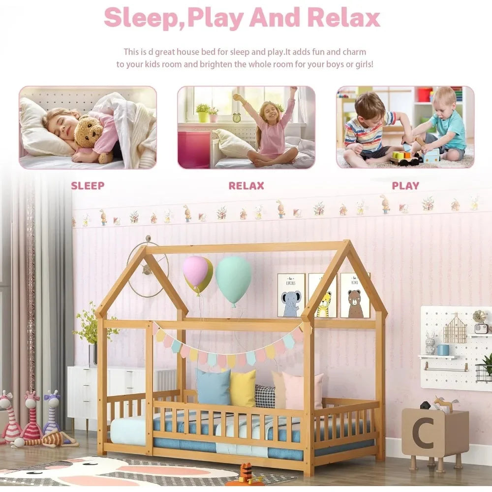 Lit double au sol, lit Montessori en bois avec clôture et toit pour enfants, cadre de lit double Playhouse pour filles