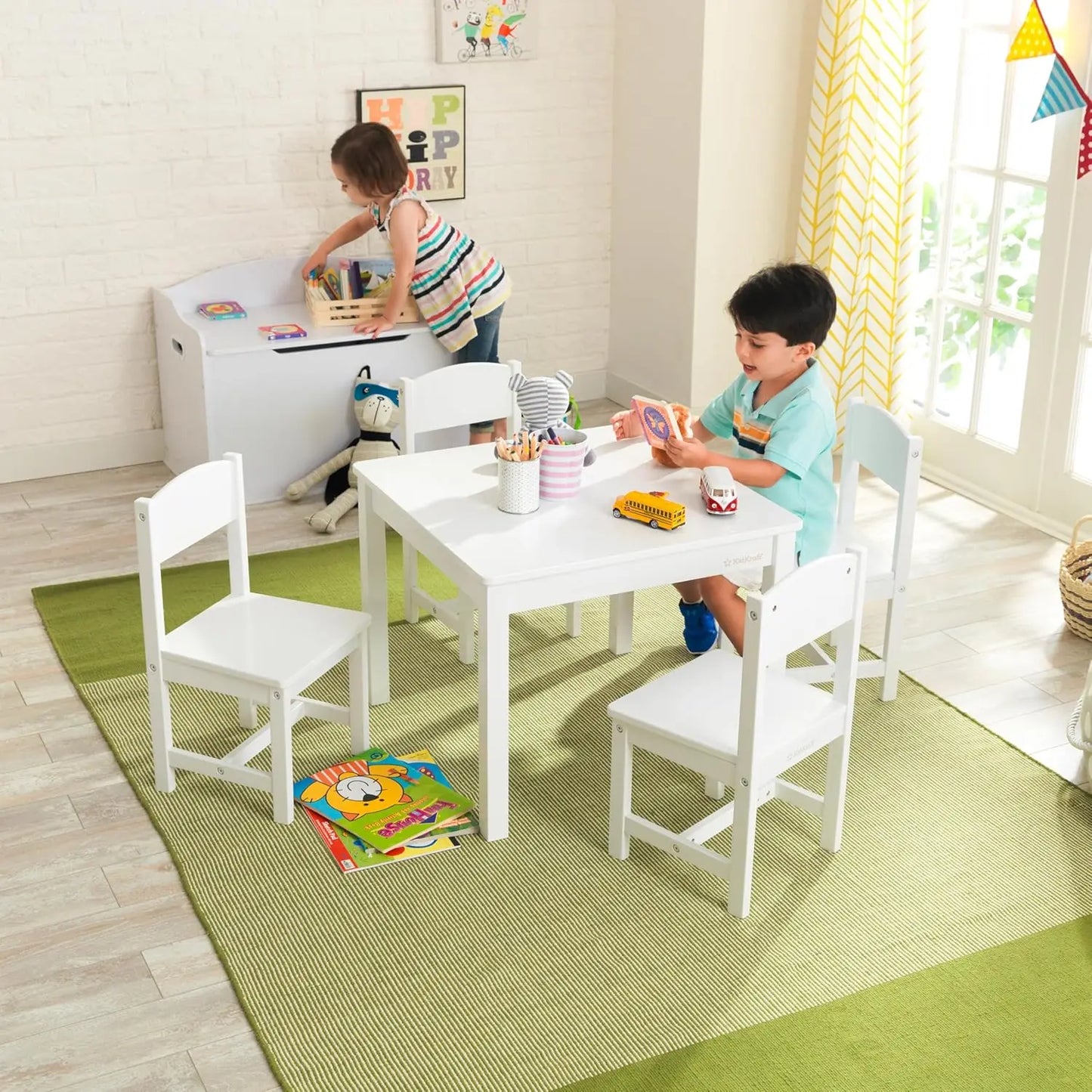 Ensemble table et 4 chaises de ferme en bois, mobilier pour enfants pour les arts et les activités - Blanc