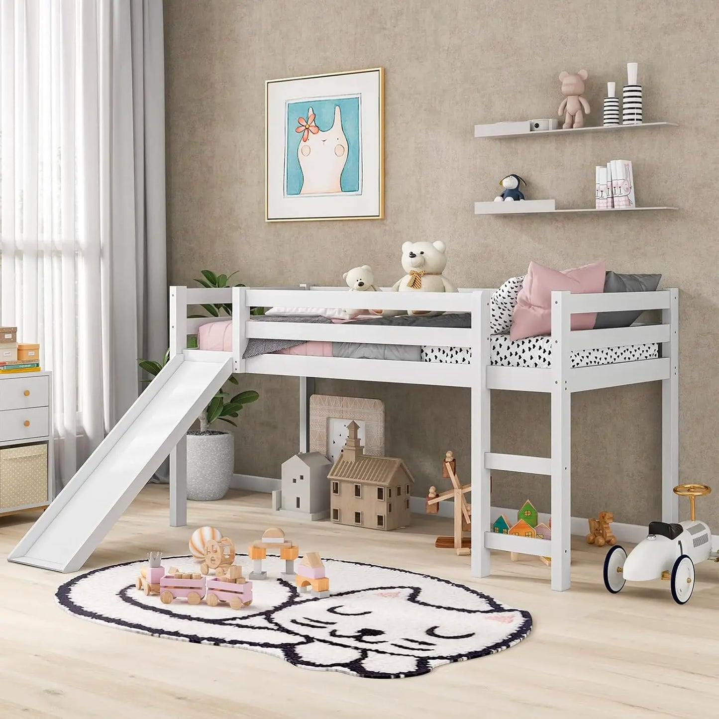 Cama alta doble con tobogán, cama alta baja con escaleras, estructura de cama alta doble de madera maciza para niñas y niños con escaleras de escalada y protección Ra