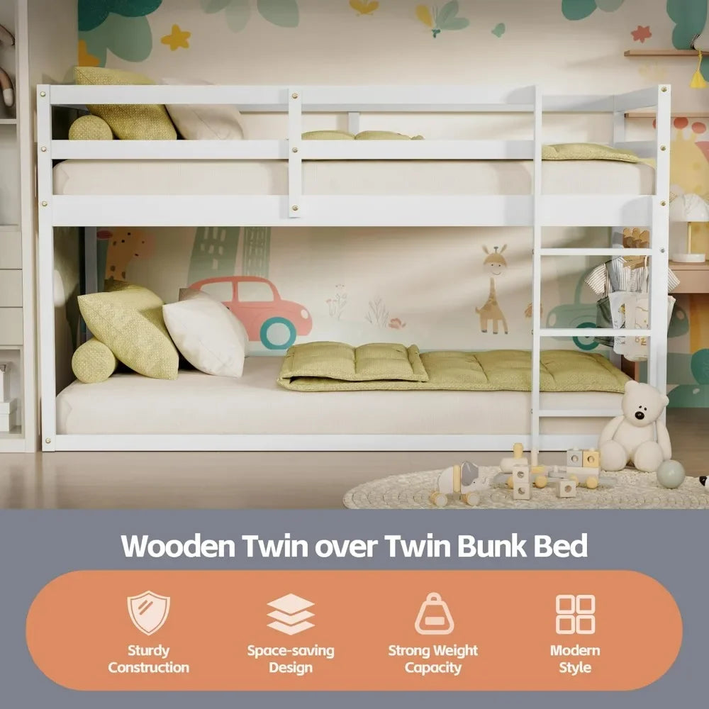 Low Bunk Bed Twin Over Twin, Floor Bunk Bed with Ladder, Twin Bunk Bed with Full Guardrails, Wooden Beds for Kids, Beds