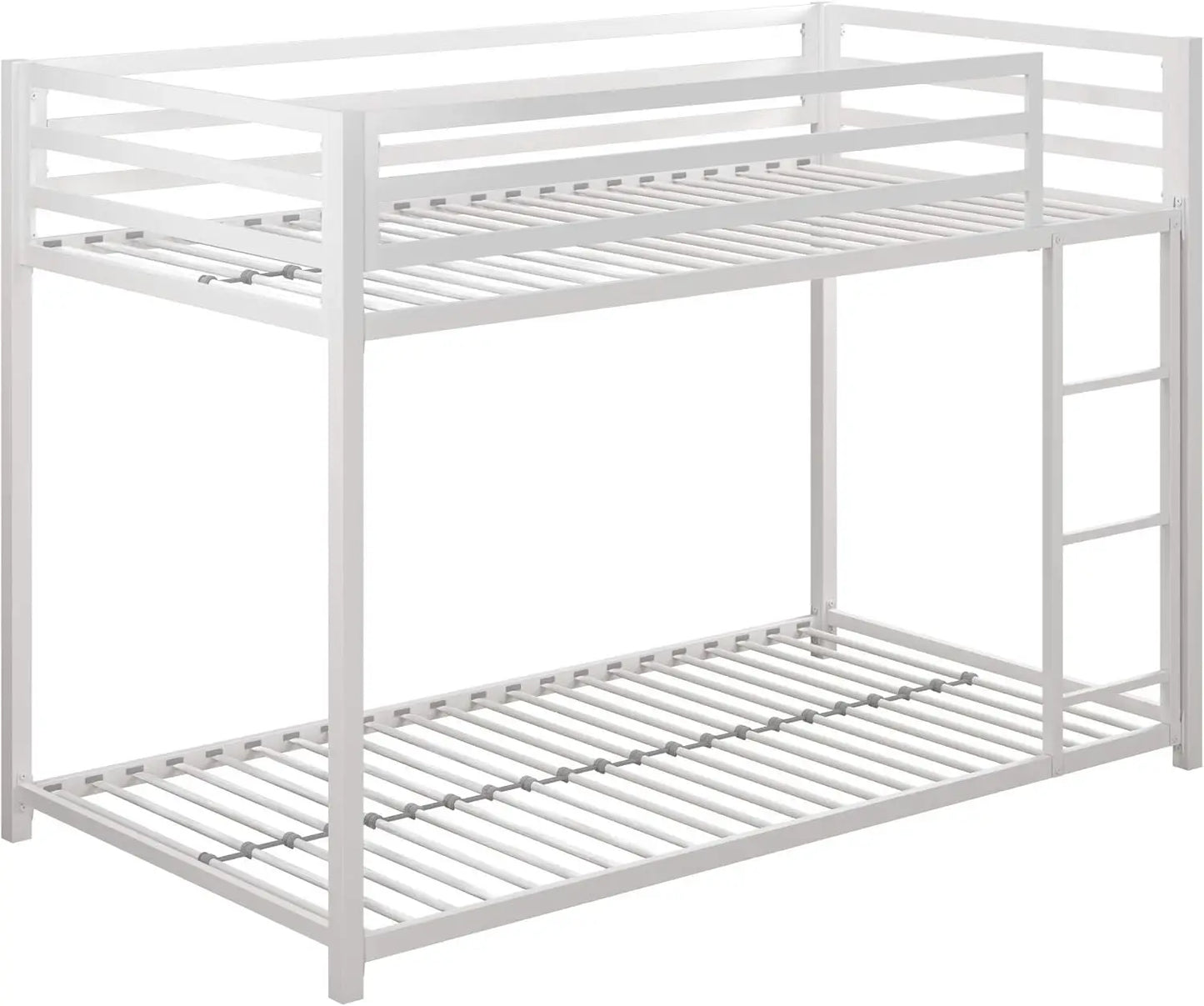 Litera de metal Miles Low para niños, con escalera incorporada, barandilla alta y listones de metal, litera inferior para cama de piso, color blanco