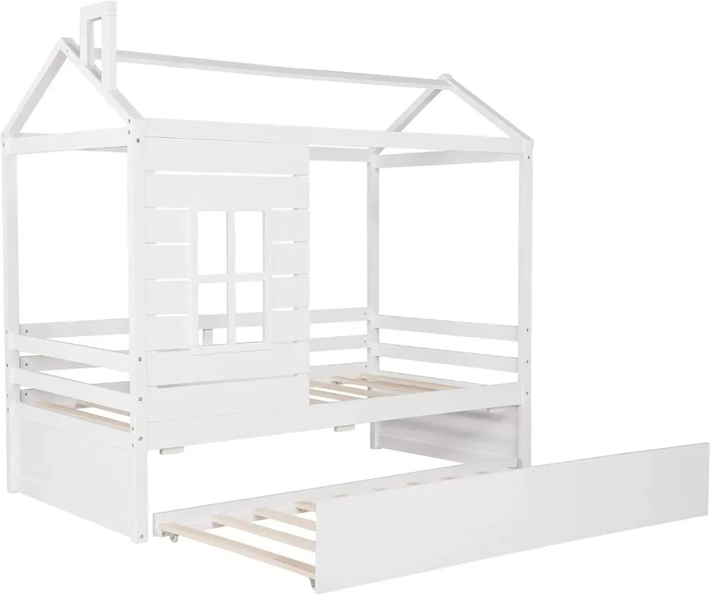 Twin Size House Bed With Twin Size Trundle, Wood Bed Frames With Window And Roof For Kids Girls Boys, White