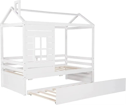 Cama nido de tamaño doble, estructura de madera con ventana y techo para niños, niñas y niños, color blanco