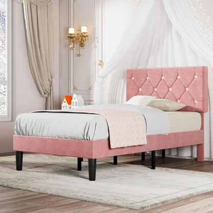 Twin Size Bed Frame, Upholstered Platform with Adjustable Diamond Tufted Headboard, Wood Slat Support, No Box Spring Need